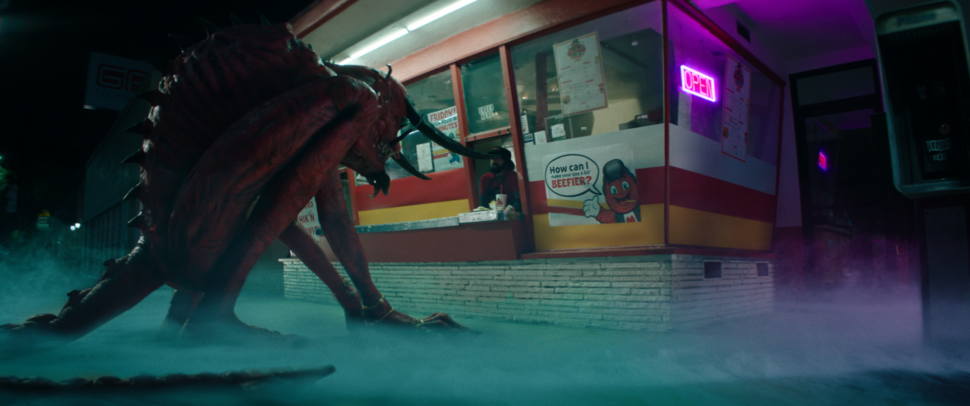 A still from Onyx the Fortuitous and the Talisman of Souls, featuring an oversized devil looking in a fast-food window at Onyx.